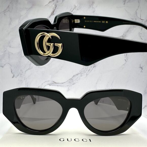 New Gucci Sunglasses Black Cat Eye Gold GG Logo Womens